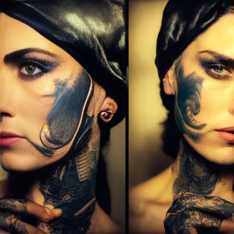 Split-face portrait: Dramatic makeup vs. facial tattoos