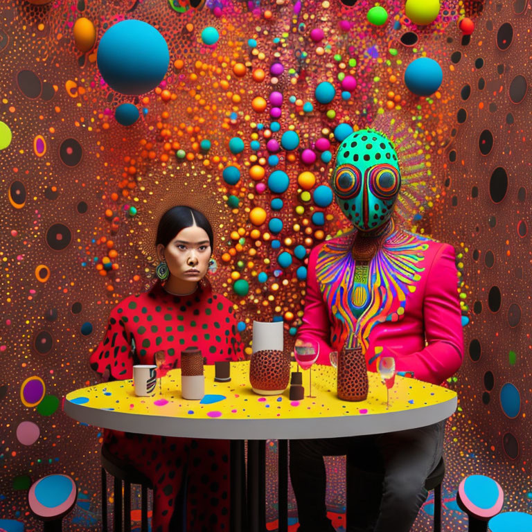 Woman and person in patterned mask surrounded by colorful balls in polka-dotted room