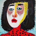 Vibrant surreal portrait of a female figure with polka-dotted skin