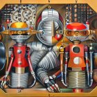 Colorful painting of three robot figures in intricate machinery with metallic textures.