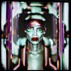 Vibrant makeup and futuristic headpiece on woman in neon-lit setting