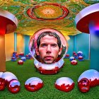 Surreal sculpture with reflective snail face, chrome spheres, and colorful umbrellas