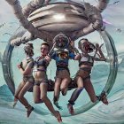 Four Women in Futuristic Attire Floating with Spaceship and Mountains