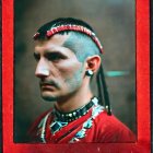 Pensive man with mohawk and piercings in red attire and native-inspired accessories.