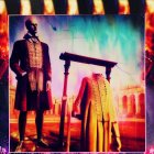 Historical attire man with headless mannequin in royal garb in surreal setting