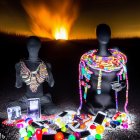 Glowing body paint individuals in front of fiery explosion at night