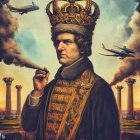 Regal person in crown and ancient attire with flying planes and Roman columns on cloudy backdrop