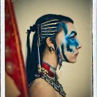 Portrait of person with blue facial paint and feather accessories on muted background