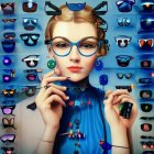 Stylish Woman with Blue Eyeglasses and Colorful Accessories on Blue Background