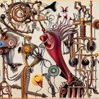 Steampunk machinery and exotic birds in intricate artwork.