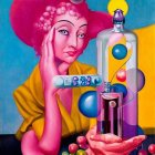 Surrealist painting of woman in yellow with red hat and complex molecular structure