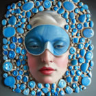 Close-up of person in futuristic ornate headgear with metallic and blue spheres.