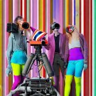 Four stylish individuals with VR headsets on vibrant striped background.