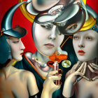 Surreal painting featuring three female figures with pale skin and botanical elements on a deep red background