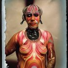 Colorful woman in carnival attire with intricate tattoos on arms against artistic backdrop