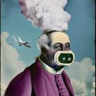 Surreal image of person in ornate mask with gas mask insert, purple coat, smoke pl
