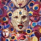 Colorful digital artwork with masked central figure and intricate patterns.