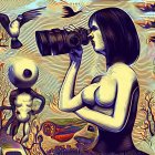 Stylized illustration of woman with bob haircut observing through telescope