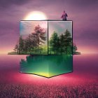 Person fishing on transparent cube in surreal purple landscape