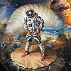 Vintage spacesuit astronaut on shell in surreal sea and sky landscape