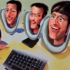 Three 3D-rendered smiling faces behind shields with keyboard and devices.