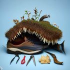 Surreal shoe illustration with toothed mouth, birds, trees, and sharks