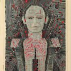 Humanoid Figure with Web-Like Structure and Red Flowers on Circuitry Background