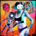 Colorful digital artwork: Female figure with robot arm and VR headset in surreal setting