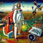 Surreal space-themed artwork with astronaut, planets, rockets, and keyboard