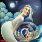 Surreal illustration of woman in cosmic dress under crescent moon