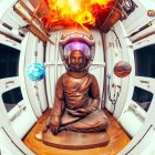 Bronze Buddha statue in futuristic spacecraft interior