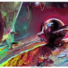 Colorful Nebula with Space Shuttles and Planet in Space