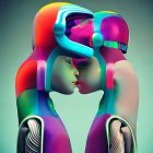 Stylized robots with human-like features and vibrant, multicolored parts wearing large headsets