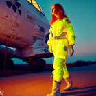 Astronaut in yellow spacesuit by shuttle with starry sky