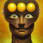Surreal golden portrait with orbs, dot patterns, and detailed eyes