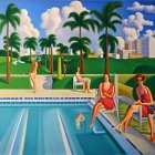 Illustration of four people by pool with palm trees, hills, and villas under blue sky.