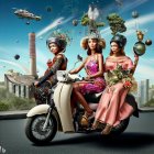 Three women with futuristic sunglasses and plant hairstyles on a scooter, surrounded by floating objects and drones in a