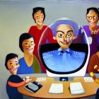 Illustration of identical quintuplets in business attire with giant smiling face on vintage computer