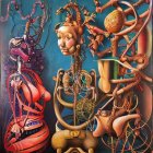 Surrealist artwork: Female figure with mechanical elements and ornate headwear