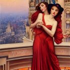 Romantic couple in red embracing on balcony with cityscape at sunset