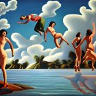 Surreal painting: People floating above reflective sea, clear blue sky with white clouds.