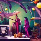 Surreal pink-suited figures in room with flying dolphins and giant coffee cup.