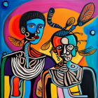 Vibrant digital artwork: Two stylized figures with insect-like features on colorful background