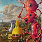 Vibrant artwork: three whimsical robots in futuristic landscape