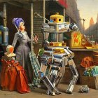 Colorful Retro-Futuristic Robot Knights in Renaissance-Inspired Cityscape