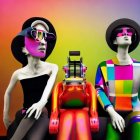 Mannequins with robotic parts and stylish clothes on multicolored background