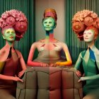 Five women with colorful beehive hairstyles and retro glasses sewing in vintage style