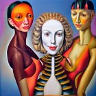Colorful surreal artwork featuring three women with elongated necks and birds in a fantasy setting