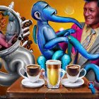 Colorful Alien, Robot, and Woman in Coffee Scene