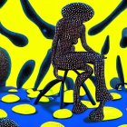 3D humanoid figure with mushroom cap head seated on chair in yellow background